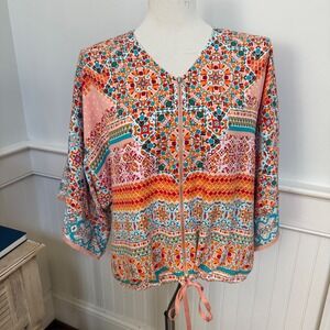 NWT Chico's Women Orange Teal Geometric Medallion Zip Front Kimono Top Size 0